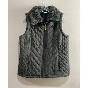 Denim & Company Quilted Fleece Lined Vest Womens M Green Pockets Collard